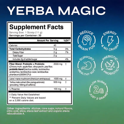 Yerba Magic – Yerba Mate Tea Instant Powder Super Drink with Nootropics, Prebiotics & Probiotics – Clean Energy, Mental Clarity & Gut Wellness | Low Sugar, Natural Caffeine